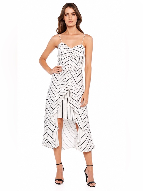 Bardot Dresses & Skirts - Bardot Ivory & Black Chevron Stripe Ruched Midi Dress Size 8